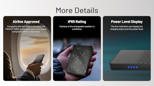Nitecore Pocket 10000 m Ah Ultra-Lightweight Power Bank with Dual USB-C Ports and Integrated Cable – Ideal for On-the-Go Charging of Phones, Flashlights, and Headlamps with Fast Charge Capability and Real-Time Battery Monitoring