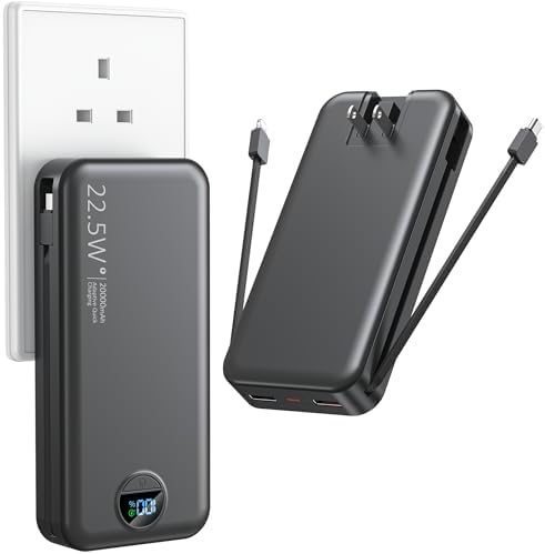 Ultimate 20,000 m Ah Portable Charger with Wall Plug – Fast Charging USB-C Power Bank with Built-in Cables, Digital Display, and Versatile 5 Output Ports for i Phone, Android, and Tablets – Stay Charged Anywhere with Enhanced Compatibility and Speed
