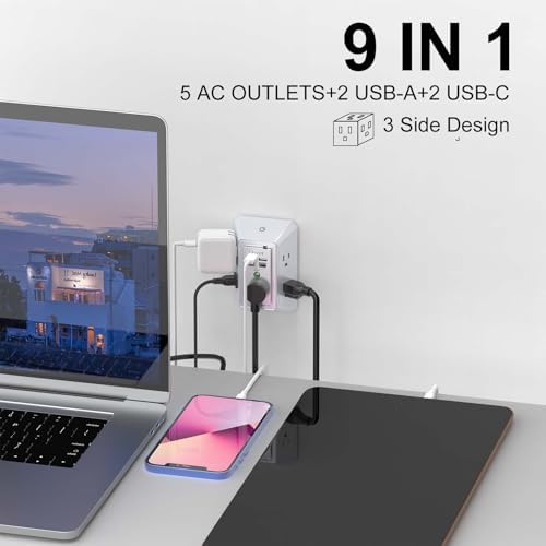 QINLIANF 5-Outlet USB Wall Charger with Surge Protection – 4 USB Ports (4.8 A Total) Power Strip Extender, 3-Sided Design for Easy Access, 1680 J Surge Defense, Compact Multi-Plug Adapter for Home, Travel, and Office Use – Elevate Your Charging Experience with Versatile Compatibility and Safety