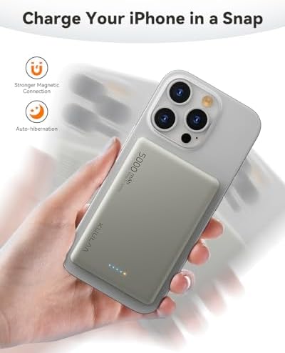 Ultra-Slim Kuulaa Mag Safe Battery Pack 5000 m Ah – Magnetic Portable Charger for i Phone 12-16 Pro Max with USB-C PD 20 W Fast Charging, Elegant Titanium Finish for On-the-Go Power Solutions