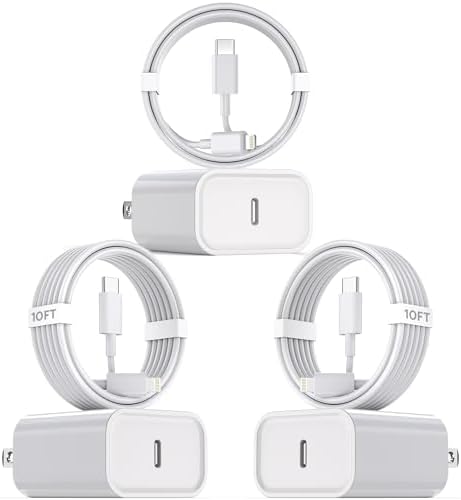 10-Foot Ultra-Fast i Phone Charging Cable 3-Pack with USB-C PD Wall Charger – Exceptional Compatibility for i Phone 14/13/12/11 Pro Max/XS Series – Durable Lightning Cable Solution for On-the-Go Charging Convenience and Rapid Power Delivery