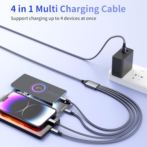 Ultra-Fast 240 W 4-in-1 USB C Charging Cable with Breathing Light Indicator – Multi-Device Compatibility for i Phone, i Pad, Samsung Galaxy, and Mac Book – 5 Ft Durable Cord in Stylish Purple for Efficient Data Sync and Enhanced Charging Performance