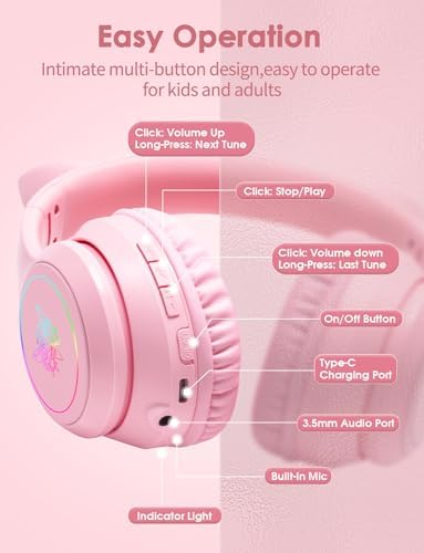 Whimsical Cat Ear Bluetooth Headphones for Kids & Adults – Immersive Hi-Fi Sound, 55-Hour Playtime, LED Light-Up Design, Built-In Microphone, and Universal Compatibility with i Phone, i Pad, Laptop & PC for Ultimate Fun and Comfort
