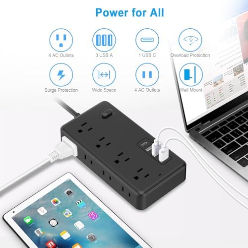 FUAUFAS 10 FT Surge Protector Power Strip with 8 AC Outlets and 3 USB Ports (1 USB-C) – Ultimate Power Access for College Dorms and Travel, Featuring Flat Plug Design for Space-Saving Convenience and Advanced Device Protection