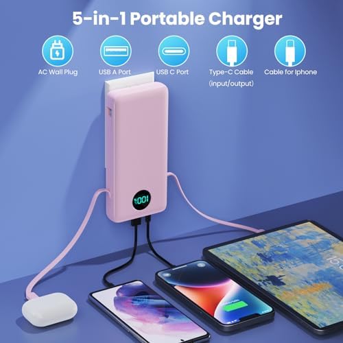 Ultra-High Capacity 33800 m Ah USB C Power Bank with Integrated Cables & AC Wall Adapter – Rapid 25 W Fast Charging with QC 4.0, Multi-Device Support, LCD Battery Status Display for i Phone 16/15, Samsung, Android, and More – Ultimate Portability and Efficiency for On-the-Go Power Solutions