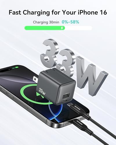 33 W USB C Wall Charger Block, Ga N PD3.0 Dual-Port Power Adapter for Fast Type C Charging – Compact & Foldable Plug for i Phone 16/15/14/13/12, Samsung Galaxy, i Pad, Air Pods – Enhanced Efficiency & Compatibility in Grey