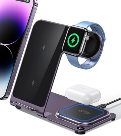 2024 Enhanced 3-in-1 Wireless Charging Station for Apple Devices – Fast Charging Dock for i Phone 16/15/14/13/12/11, Apple Watch, and Air Pods in Stylish Purple – Ultimate Multi-Device Charging Solution with Safety Features and Sleek Design