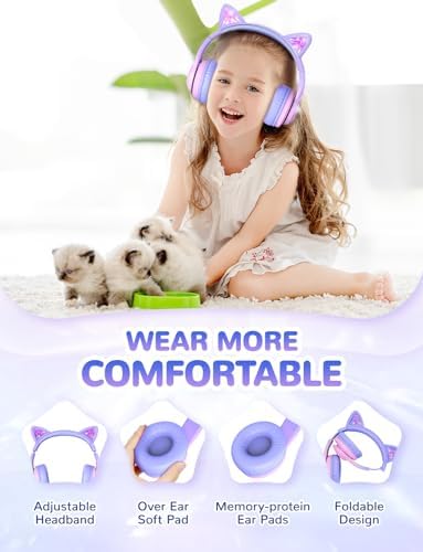 Magical Cat Ear Bluetooth Headphones for Kids – Mesmerizing Gradient Pink with LED Glow, 50-Hour Battery Life, Safe 74/85 d BA Volume Limiting, Superior Bluetooth 5.2 Connectivity & Rapid USB-C Charging for Ultimate Travel Convenience and Enjoyment
