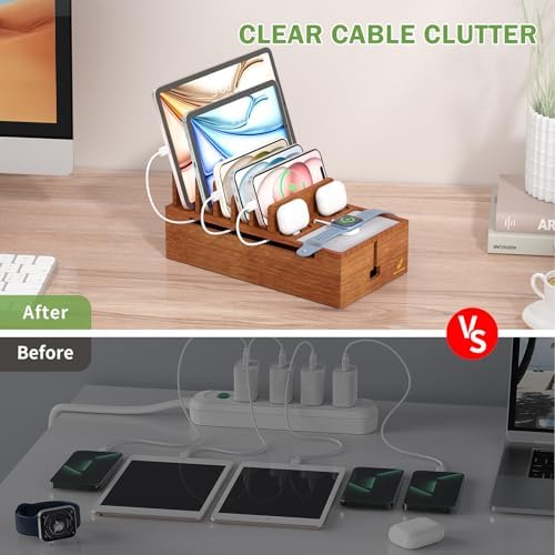 Pezin & Hulin Eco-Friendly Bamboo Cable Management Box – Sleek Desktop Organizer with 6 Cables for Tidy Charging Station, Stylish Wire Organizer for Electronic Devices, Enhances Workspace Efficiency and Aesthetics