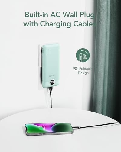 VEGER 10000 m Ah Slim Fast Charging Portable Power Bank with Built-In Cables and Wall Plug – Essential Travel Battery Pack for i Phone, i Pad, Samsung & More in Vibrant Green – Unmatched Convenience and Speed for Mobile Users