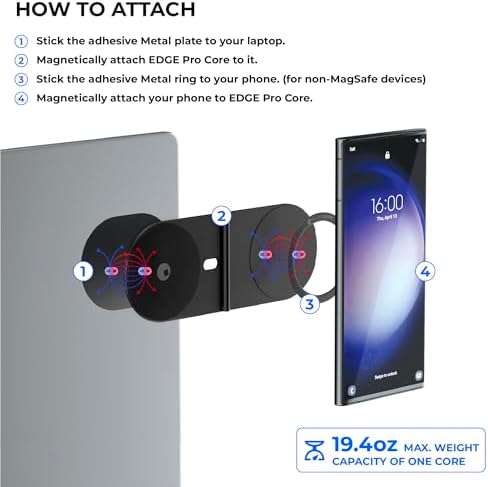 Rolling Square Edge Pro Core – Magnetic Mount Phone Holder Stand for Computers and Tablets | Secure Metal Plate Adhesive or Standalone Mode Compatible with MagSafe, Qi, and Non-MagSafe Devices, Gray – Enhanced Compatibility and Speed