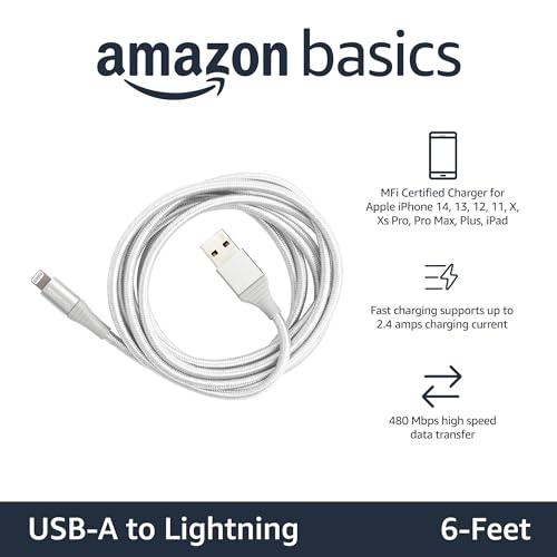 Premium 6-Foot Nylon Braided Lightning Charger Cable – MFi Certified USB-A to Lightning for i Phone 14/13/12/11/X/Xs Pro/Pro Max/Plus & i Pad – Durable 10,000 Bend Lifespan, Sleek Silver Design for Enhanced Efficiency and Flexibility