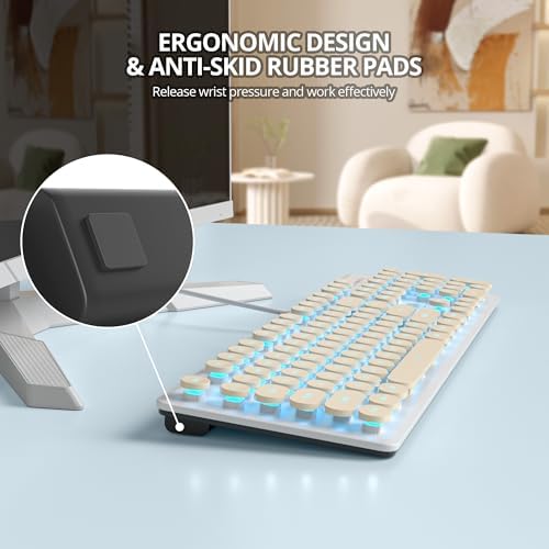 Elevate Your Workspace with the Fogruaden Retro Typewriter Keyboard – Stylish Full-Size USB Design, 104 Round Keys, and White LED Backlighting for Effortless Night Use, Ergonomic & Silent Membrane Keys Perfect for Windows PC and Laptops, Ideal for Writers and Gamers Seeking a Unique Vintage Touch