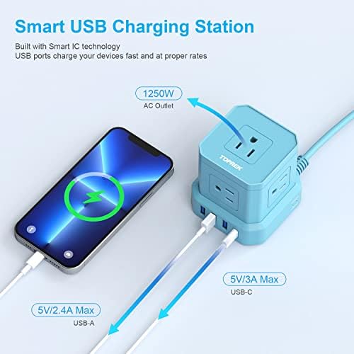 TOPREK 10 FT Power Strip with USB-C Fast Charging (3.0 A) – 5 AC Outlets & 4 USB Ports Surge Protector for Home, Office & Travel – Compact Desk Charging Station with Enhanced Surge Protection (700 J) for All Devices