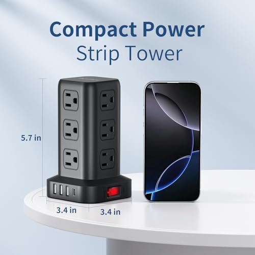 Ultimate Surge Protector Power Strip Tower with 10 FT Cord and 4 USB Ports (1 USB C) – 12 AC Outlets for Home Office and Dorm Room – Space-Saving Design with Enhanced Protection for Your Electronics and Fast Charging Solutions