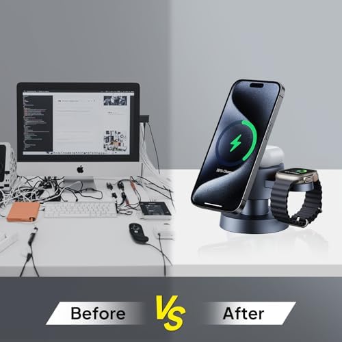 Revolutionary 3-in-1 Wireless Charging Station with Mag Safe: Simultaneously Charge i Phone, Apple Watch & Air Pods – Elegant Multi-Device Solution with Night Lamp for Enhanced Ambiance, Compatible with i Phone 16/15/14/13/12 & Apple Watch Series 1-9 – Ultimate Convenience for Tech Enthusiasts