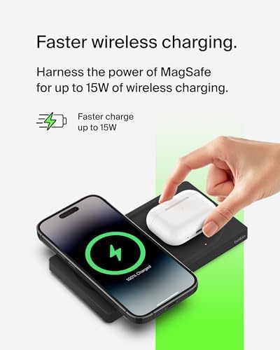 Belkin 15 W Mag Safe-Compatible 2-in-1 Wireless Charging Station – Fast Dual Device Charger for i Phone 16, 15, 14, 13 Series & Air Pods – Sleek Sand Design for Effortless Portability and Seamless Power Solutions