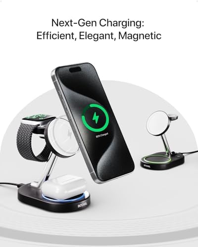 Revolutionize Your Charging Routine with the Intoval 3-in-1 Magnetic Charger Stand for Mag Safe Apple Devices – Fast Wireless Charging Dock for i Phone 15/14/13/12, Apple Watch & Air Pods in Sleek Black Finish – Ultimate Compatibility and Smart Power Management