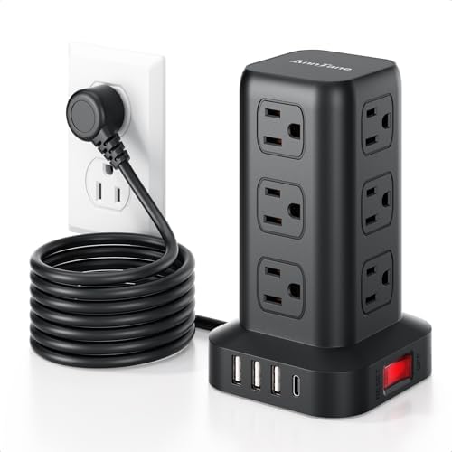 Ultimate Surge Protector Power Strip Tower with 10 FT Cord and 4 USB Ports (1 USB C) – 12 AC Outlets for Home Office and Dorm Room – Space-Saving Design with Enhanced Protection for Your Electronics and Fast Charging Solutions