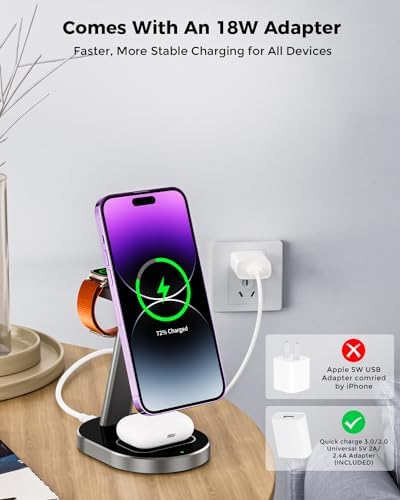 Ultimate 3-in-1 Magnetic Mag-Safe Wireless Charger for i Phone 15, 14, 13, 12 Pro Max, Mini, and Plus – 15 W Fast Charging Station with Aluminum Alloy Stand for Apple Watch & Air Pods – Streamlined Multi-Device Charging Solution with Enhanced Compatibility and Modern Design
