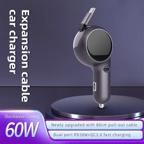 60 W Retractable USB-C Car Charger – Dual-Port Fast Charging Adapter for i Phone 15, Samsung, i Pad & Mac Book – Compact Design for Travel with Overcurrent Protection – Ultimate Compatibility & Efficiency on the Road