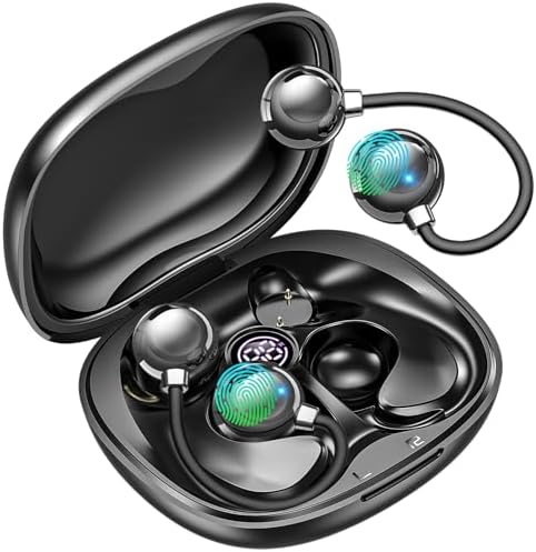 Kurdene Adjustable Fit Open Ear Wireless Bluetooth Earbuds – Sweatproof Sports Headphones with Long Battery Life and Digital Battery Indicator for Optimal Sound Clarity – Perfect for Active Lifestyles and Outdoor Adventures – Sleek Black Design