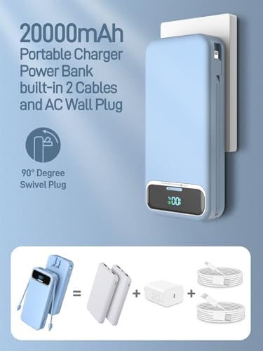 Ultimate 20,000 m Ah Portable Charger with Built-in Cables & AC Plug – Super Fast PD20 W & SCP22.5 W USB-C Power Bank for Quick Device Charging – LED Display & Universal Compatibility for i Phone, Samsung & More – Essential Travel Accessory for On-the-Go Power Solutions