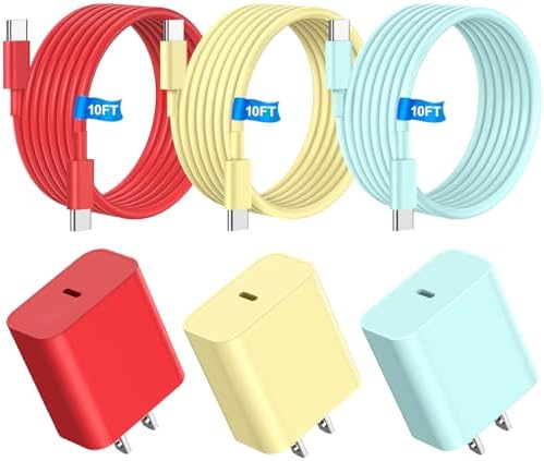 Ultimate 20 W Fast Charging Pack for i Phone 15/16 – 3 Colorful 10 FT USB-C Cables with Power Adapter – Rapid Power & Enhanced Compatibility for All USB-C Devices