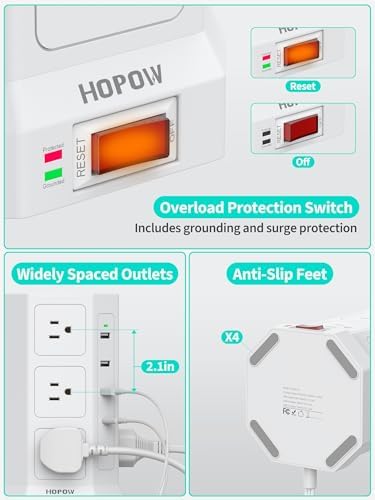 High-Capacity Surge Protector Power Tower with 12 AC Outlets & 5 USB Ports Including Dual USB-C – 6.5 FT Flat Extension Cord for Optimal Placement – 1875 W/15 A Performance and 1700 J Surge Protection for Home, Office, or Dorm Use