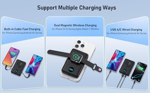 Revolutionary Magnetic Portable Charger for i Phone – 6-in-1 Power Bank with 10,800 m Ah Capacity, Built-in Cables, Apple Watch Charger, and LCD Display – 25 W PD Fast Charging for i Phone 16/15/14/13/12 and Mag Safe Compatibility – Ultimate On-the-Go Charging Solution