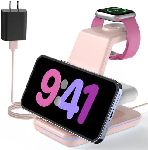 Magnetic Wireless Charging Station for i Phone 15/14/13/12 Pro Max & Apple Devices – Joy Geek 3-in-1 Fast Charger Pad for i Phone, Apple Watch Ultra 9-2, and Air Pods – Compact Design with Enhanced Compatibility and Secure Magnetic Alignment
