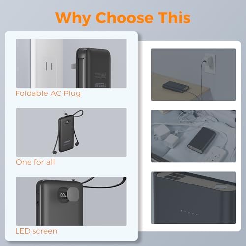 TESSAN 10,000 m Ah Portable Charger with Built-In Cables and Fast 20 W Charging – Compact Power Bank with Foldable Wall Plug for i Phone 16/15, Samsung, and Tablets – Essential Travel Companion for Uninterrupted Device Power