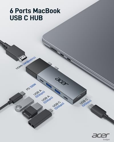 Acer USB C Hub for Mac Book Pro/Air M1 M2 M3 – Ultimate 6-in-2 Detachable Adapter with 4 K@60 Hz HDMI, Dual USB-A & USB-C 3.0 Ports, and 100 W PD Charging for Unmatched Multi-Device Connectivity and Enhanced Productivity Solutions