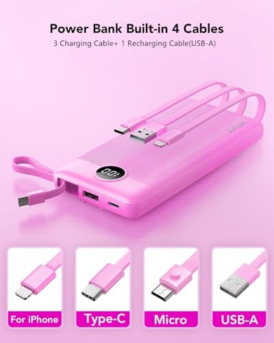 VRURC 10000 m Ah Portable Power Bank with Integrated Cables and LED Battery Indicator – Slim, Lightweight Travel Charger with Dual Input and Five Outputs for Effortless Device Charging – Ideal for Smartphones and Tech Gadgets – Stylish Blue Design (1 Pack) – Ultimate Convenience and Compatibility