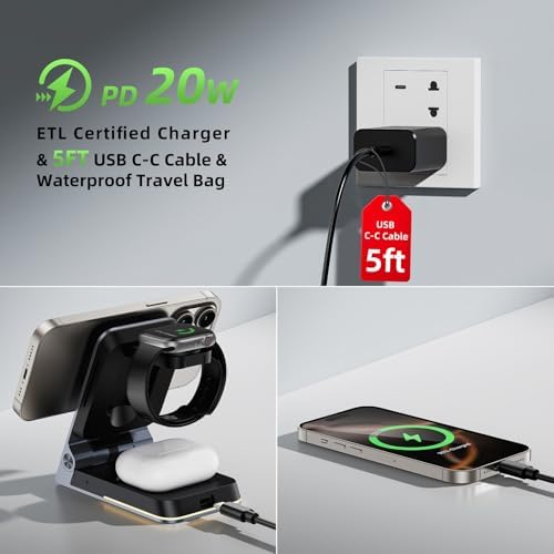Premium Aluminum 3-in-1 Foldable Wireless Charger Station – Fast Magnetic Charging Dock for i Phone 16/15/14/13/12, Apple Watch & Air Pods with Touch Night Light – Portable Travel Charger with 20 W PD Adapter & Waterproof Case – Ideal Gift for Home, Office & On-the-Go Use