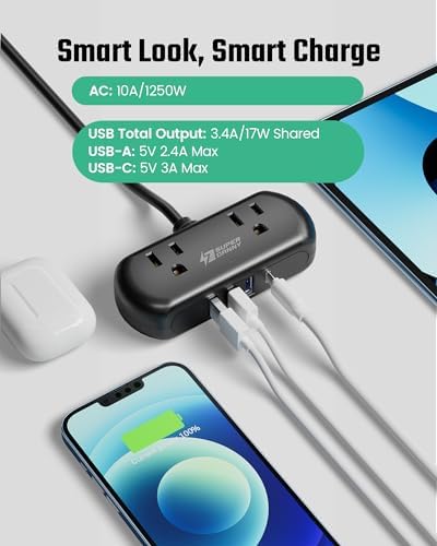 Compact USB Charging Station Power Strip – SUPERDANNY Mini Surge Protector with 2 Extra Wide Outlets, 4 USB Ports (3 USB-A & 1 USB-C), 5 Ft Cord, Flat Plug Design for Space-Saving Convenience, Ideal for Home, Office, and Travel Use – Enhanced Power Efficiency and Safety Features
