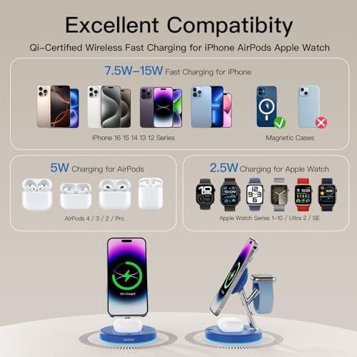 2025 Premium 3-in-1 Wireless Charging Station for i Phone 16, 15, 14, 13, 12 – Mag-Safe Compatible Charger Stand for Air Pods and i Watch – Fast, Efficient Power Hub with Sleek Design and Overcharge Protection for Home or Travel
