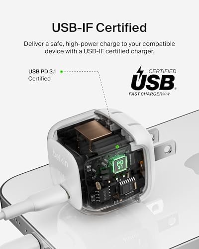 Belkin 30 W Compact Charger Block with 1 M USB-C to C Cable – Ultra-Fast Charging for Apple i Phone 16/15/14/13, Samsung Galaxy S25, i Pad, Air Pods, Nintendo Switch 2 & More – Sleek Design for Home and Travel – Superior Power Delivery Efficiency