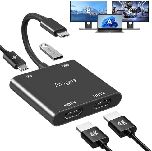 Elevate Your Setup with the Avigers USB C to Dual HDMI Adapter – 4 in 1 Multi-Display Hub for Seamless 4 K Productivity and Gaming, Features 2 HDMI Outputs, PD Charging Port, and USB 3.0 for Lightning-Fast Data Transfer – Lightweight, Portable Design for On-the-Go Professionals and Gamers