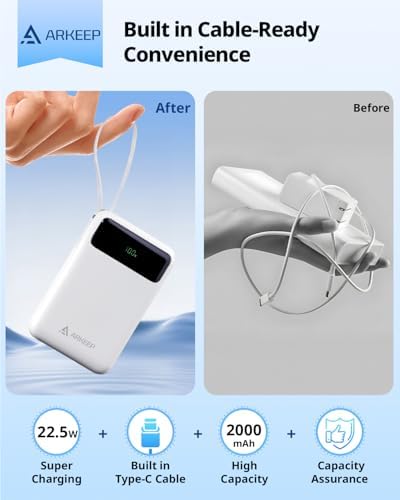 Ultra-Compact 10000 m Ah Travel Power Bank with 22.5 W PD Fast Charging – Built-In Type-C Cable & Dual USB Outputs for Ultimate Device Compatibility – Lightweight & Portable High-Capacity Phone Charger with Advanced Safety Features for i Phone 16/15/14/13/12/11, Samsung Galaxy, and More