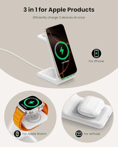 GEEKERA 3-in-1 Foldable Wireless Charging Station for Apple Devices – Fast Charge Your i Phone 16/15/14/13/12/11 Pro Max, Apple Watch Ultra/10/9/SE/8/7/6/5 & Air Pods Pro/4/3/2 with Travel-Friendly Design – Ultimate Multi-Device Charging Solution for Home & On-the-Go Efficiency