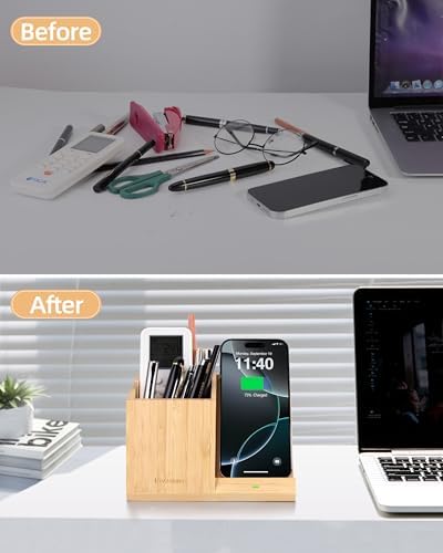 3-in-1 Bamboo Wireless Charger with Desk Organizer, Bamboo Pen Holder for Desk, 15W Fast Wireless Charger with Pen Holder for Home Office Supplies, Compatible with iPhone and Samsung – Enhanced Compatibility and Speed