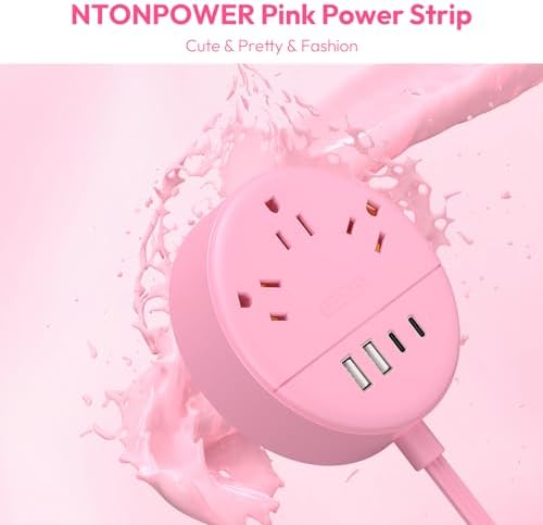 Chic NTONPOWER Pink Power Strip with 5 ft Flat Extension Cord – 3 AC Outlets, 2 USB-C, 2 USB-A Ports – Wall Mountable & Space-Saving Design for Home, Dorm & Travel – Enhanced Charging Compatibility for Stylish Electronics Management