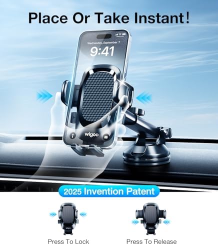Wigoo Pioneer 3-in-1 Car Phone Holder Mount – 2024 Upgrade for Ultimate Universal Smartphone Compatibility | Secure Dashboard, Windshield & Air Vent Stand for i Phone 16, 15, 14, 13, 12 & All Mobile Devices | Enhanced Fiber Grip for Safe Hands-Free Navigation & Calls