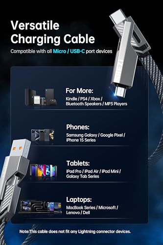 Ultimate 4-in-1 USB C to Lightning Charging Cable – 60 W High-Speed Power & Rapid Data Sync for i Phone, Samsung, i Pad – 10 FT Multi-Device Charger with Car Play & Android Auto Compatibility – Robust, Durable Design for Everyday Use