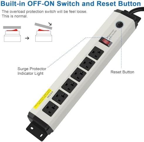 CCCEI 12 Gauge Heavy Duty 20 Amp Power Strip Surge Protector with 6 Outlets and 4800 Joules – Industrial Metal Power Strip with 6 FT Extension Cord for Garage and Workshop Use – Reliable Surge Protection for High-Demand Appliances and Tools