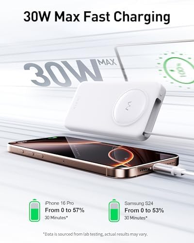 Ultra-Slim 10,000 m Ah Power Bank with 30 W PD Fast Charging & Integrated Retractable USB-C Cable – Perfect for i Phone 16/15, Samsung Galaxy 25/24, Google Pixel, and Mac Book Air – Effortless Portability Meets Stylish Efficiency in Sleek White Design for On-the-Go Charging