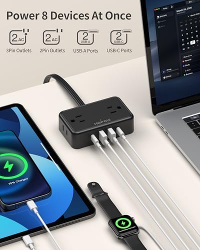 Ultra Slim 6 Ft Flat Plug Extension Cord – Travel-Friendly Power Strip with 4 Wide-Spaced AC Outlets & 4 USB Ports (2 USB-C) for Fast Charging – Ideal for Cruise Ships, Home & Office Use, No Surge Protection Required