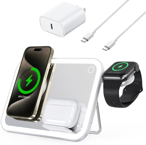 Revolutionary 5-in-1 Magnetic Charging Hub for i Phone 12/13/14/15 Series, Apple Watch 2-9, and Air Pods Pro – Multifunctional Stand with Integrated Cosmetic Mirror and Soft Night Light – Perfect Gift for Tech-Savvy Women Seeking Style and Efficiency