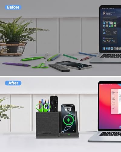 Multi-Functional Desk Organizer with Wireless Charging, Digital Thermometer & Humidity Monitor – Stylish Brown Pen Holder for Home Office Efficiency and Clutter-Free Workspace